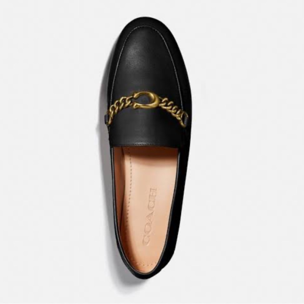 Coach Helena Black C Gold Chain Loafer Shoe Slip On Leather Womens 6.5